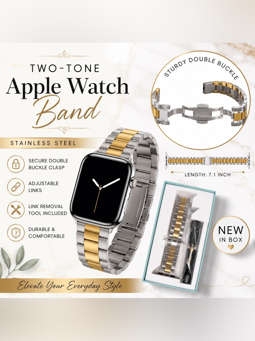 New Lenrao Compatible
iWatch Band 38/40/41/42mm. Silver & Gold Stainless Steel.